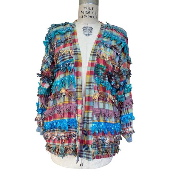 vintage 1990s Paula Sweet plaid fringe oversized rag jacket - Picture 8 of 8